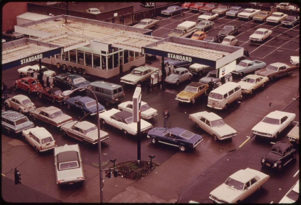 View of a US gas station from above during the oil crisis of 1973