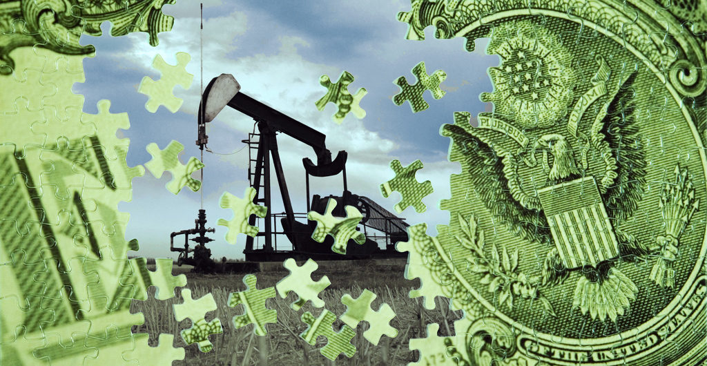 Oil derrick with puzzle pieces scattered over it. The puzzle is a US dollar.